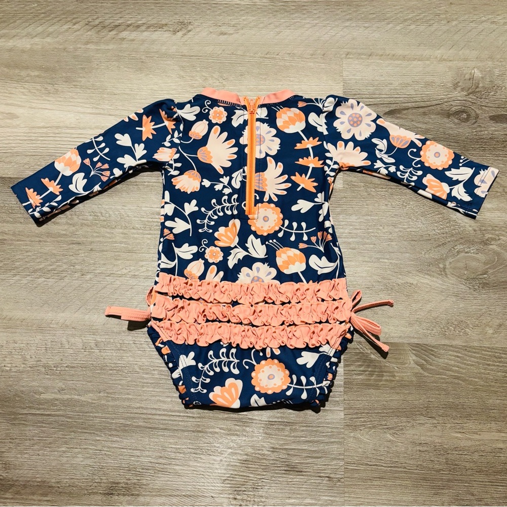Ruffle Butts girls 6-12 months Navy Blue Floral Long Sleeve Baby Swimsuit